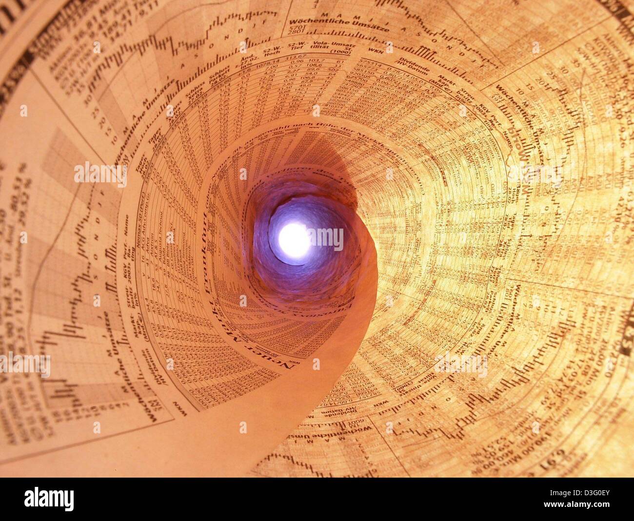 (Dpa) - Licht durch einen "Tunnel" der Finanzseiten der Volksmund, Hamburg, 4. März 2003 darzustellen scheint. In Anspielung auf die schweren wirtschaftlichen und politischen Situation, einige Leute wurden hinzugefügt: "Gibt es Licht am Ende des Tunnels, oder ist es ein Zug auf uns zukommen?" Stockfoto