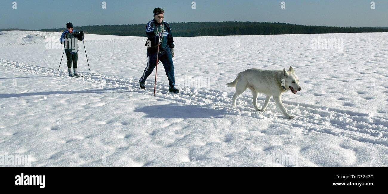 (Dpa) - zwei Skifahrer machen einen Spaziergang mit ihrem Hund auf eine schneebedeckte Hochebene im Harz in der Nähe von Halberstadt, Mitteldeutschland, 12. Februar 2003. Auf dem Brocken, dem höchsten Berg des Harz-Gebirges ist der Schnee bis zu 105 cm tief. Stockfoto