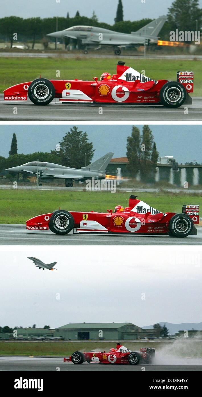 (Dpa) - die Bild-Combo zeigt deutsche Formel 1 Pilot und Weltmeister Michael Schumacher (vorne) Rennen in seinem Ferrari F2003-GA gegen den Eurofighter-Wat einer Luftwaffenbasis in Grosseto, Italien, 11. Dezember 2003. Schumacher gewann sogar das Rennen, das eine Strecke von 500 Metern zurückgelegt. Jedoch konnte Düsenjäger Maurizi Cheli weitere Rennen, zu entscheiden, welche von 1 Distanzen Stockfoto