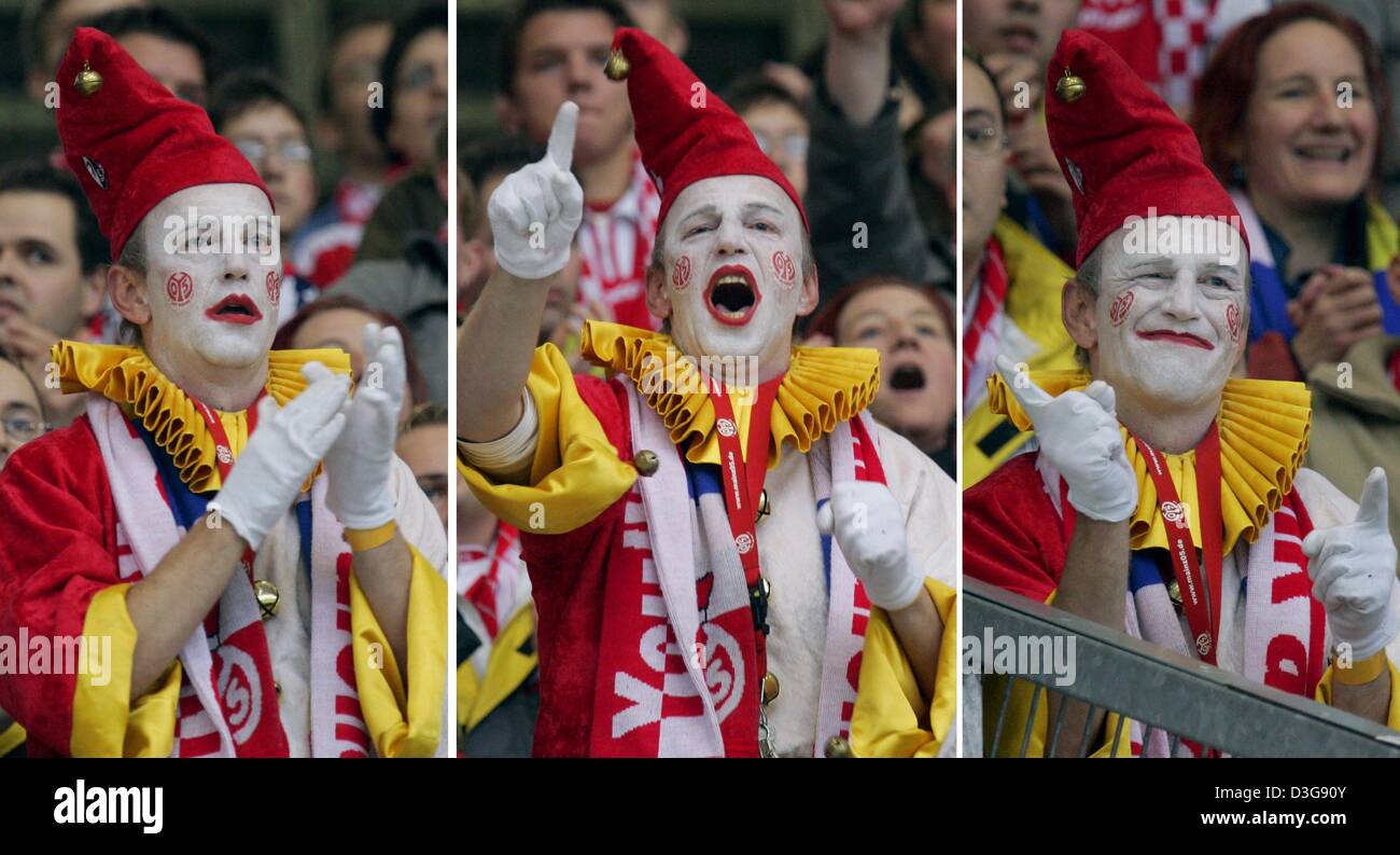 Dpa) - ein Mainz-Fan in einer farbenfrohen Karneval Kostüm aufgeregt  unterstützt sein Team in der Bundesliga-match zwischen VFL Wolfsburg und  FSV Mainz 05 in der Volkswagen Arena in Wolfsburg, Deutschland, 30. Oktober