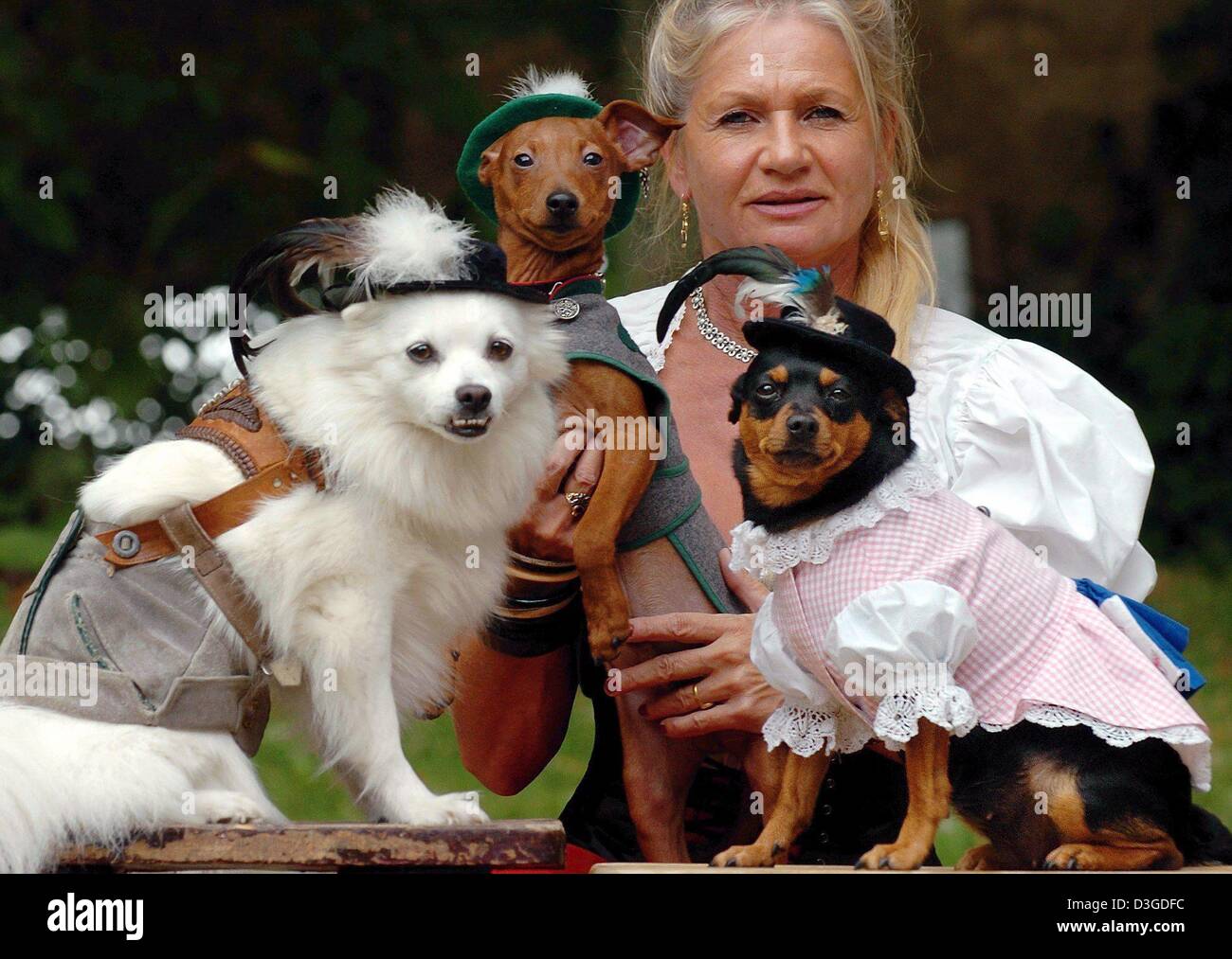 Dpa) - Hildegard Bergbauer präsentiert ihre Hunde Spitzerlich (L-R), Rocky  und Zorroline in bayerischer Tracht in der unteren Bayerischen hagelt,  Deutschland am 28. September 2004. Der Mode-Designer erstellt bayerische  Lederhosen und Dirndl