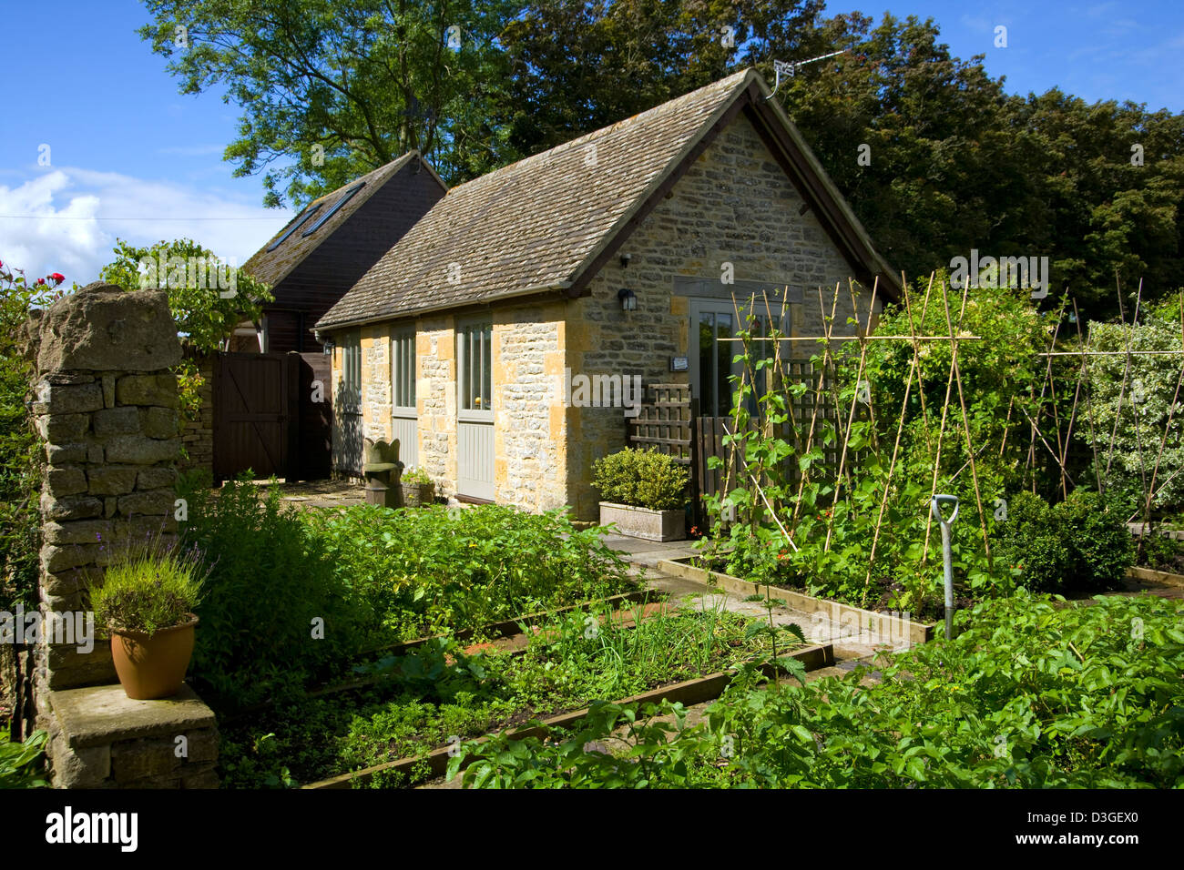 Britische Gärten. Eine kleine angehobener ein Gemüsegarten durch ein Nebengebäude. Stockfoto
