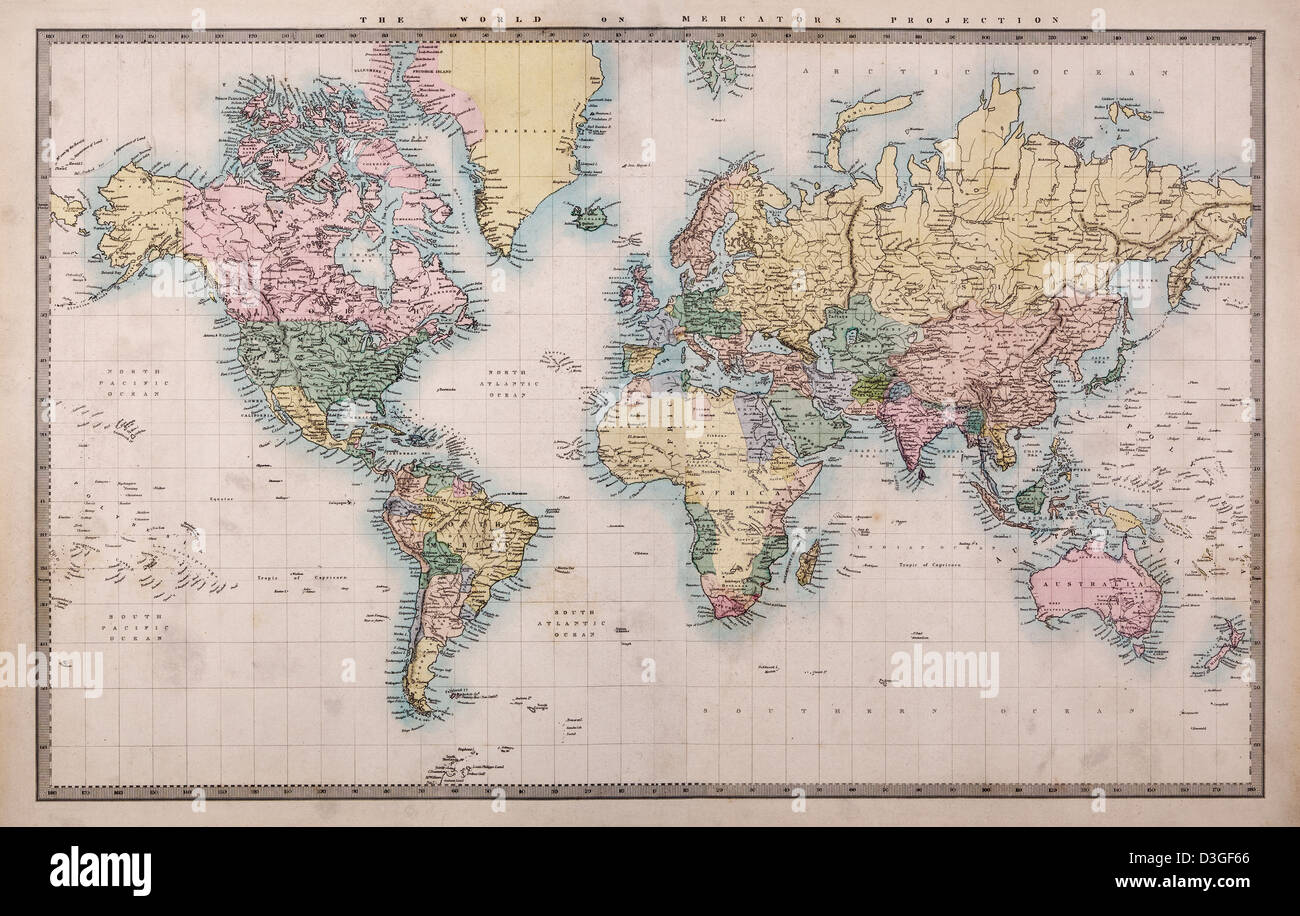 Original alte Hand kolorierte Landkarte der Welt auf Mercators Projektion um 1860 Stockfoto