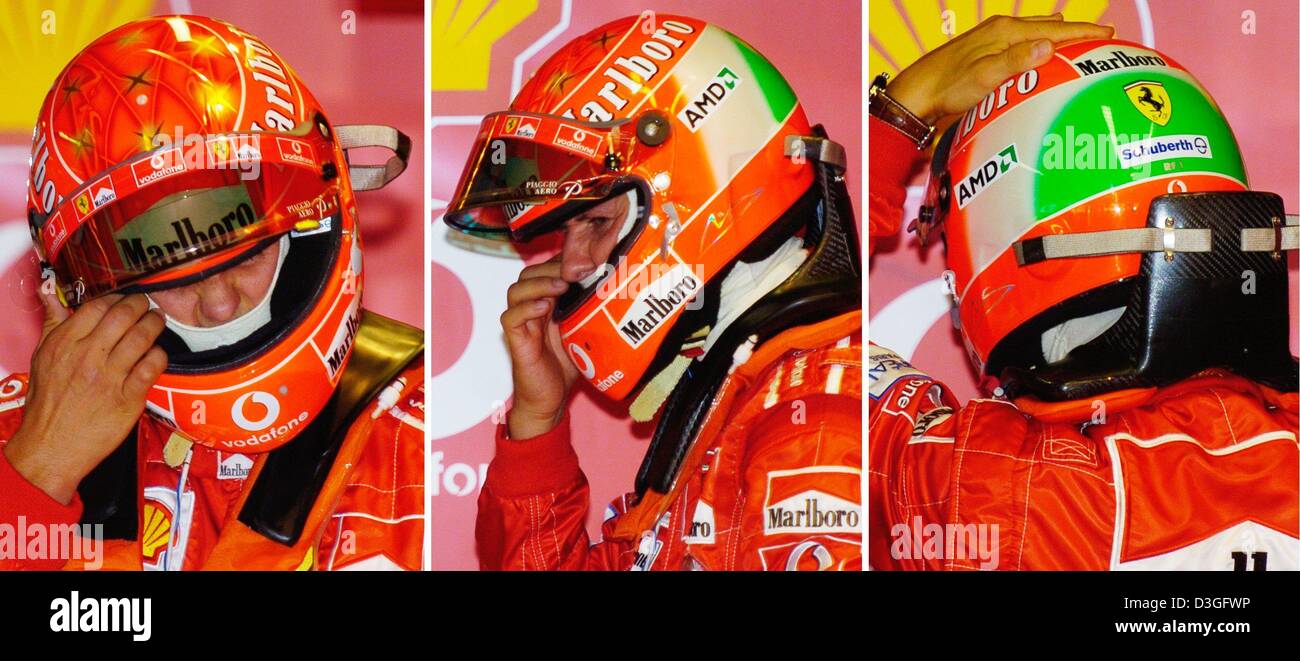 (Dpa) - sieben Mal Formel 1 Weltmeister Michael Schumacher trägt einen Helm mit einem neuen Design beim freien Training auf der Rennstrecke in Monza, Italien, 10. September 2004. Der Helm ist in den italienischen Nationalfarben zu Ehren seines italienischen Ferrari-Teams gemalt. Im Gange werden zum Grand Prix von Italien in Monza am Sonntag. Stockfoto