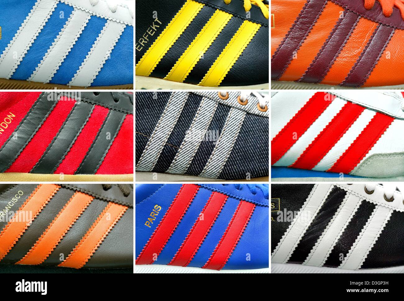 (Dpa) Die Combo zeigt den drei Streifen, das Markenzeichen von Adidas, auf verschiedenen Retro-Schuhen aus den 60er und 70er, Bild in Münster, Deutschland am 4. März 2004 aufgenommen wurde. Adidas kündigt seine Umsatzzahlen für das Jahr 2003 auf Mittwoch, 10. März 2004 in Herzogenaurach, Deutschland. Stockfoto