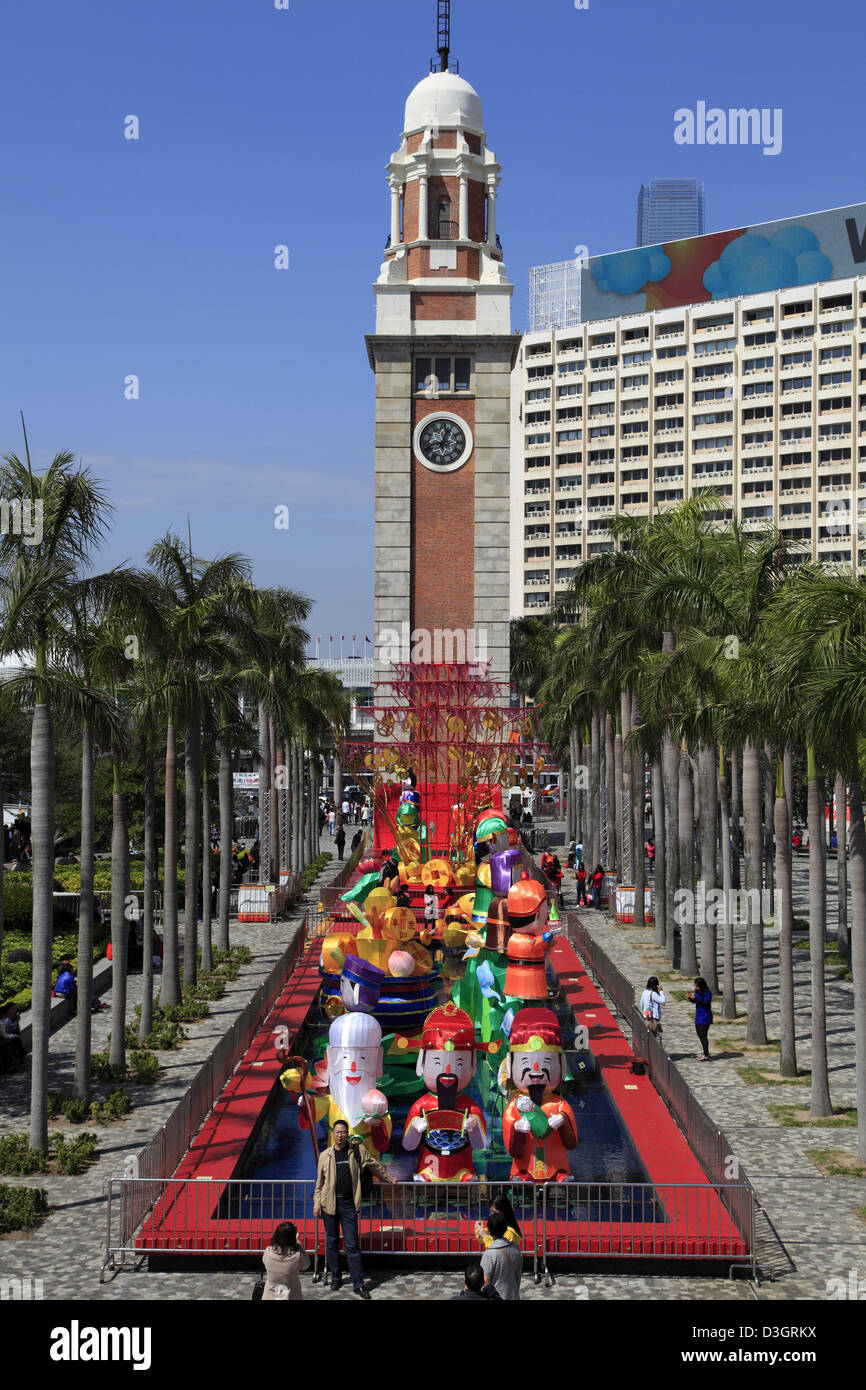 China, Hong Kong, Kowloon, Tsim Sha Tsui, Uhrturm, Chinese New Year, Dekoration, Stockfoto