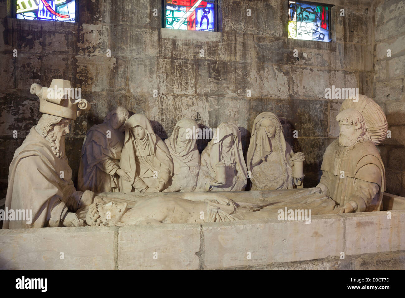 15.Jh. "La Mise au Tombeau" Statue ("die Grablegung") im Inneren der Kirche Notre-Dame in Louviers, Eure, Haute-Normandie, Frankreich Stockfoto