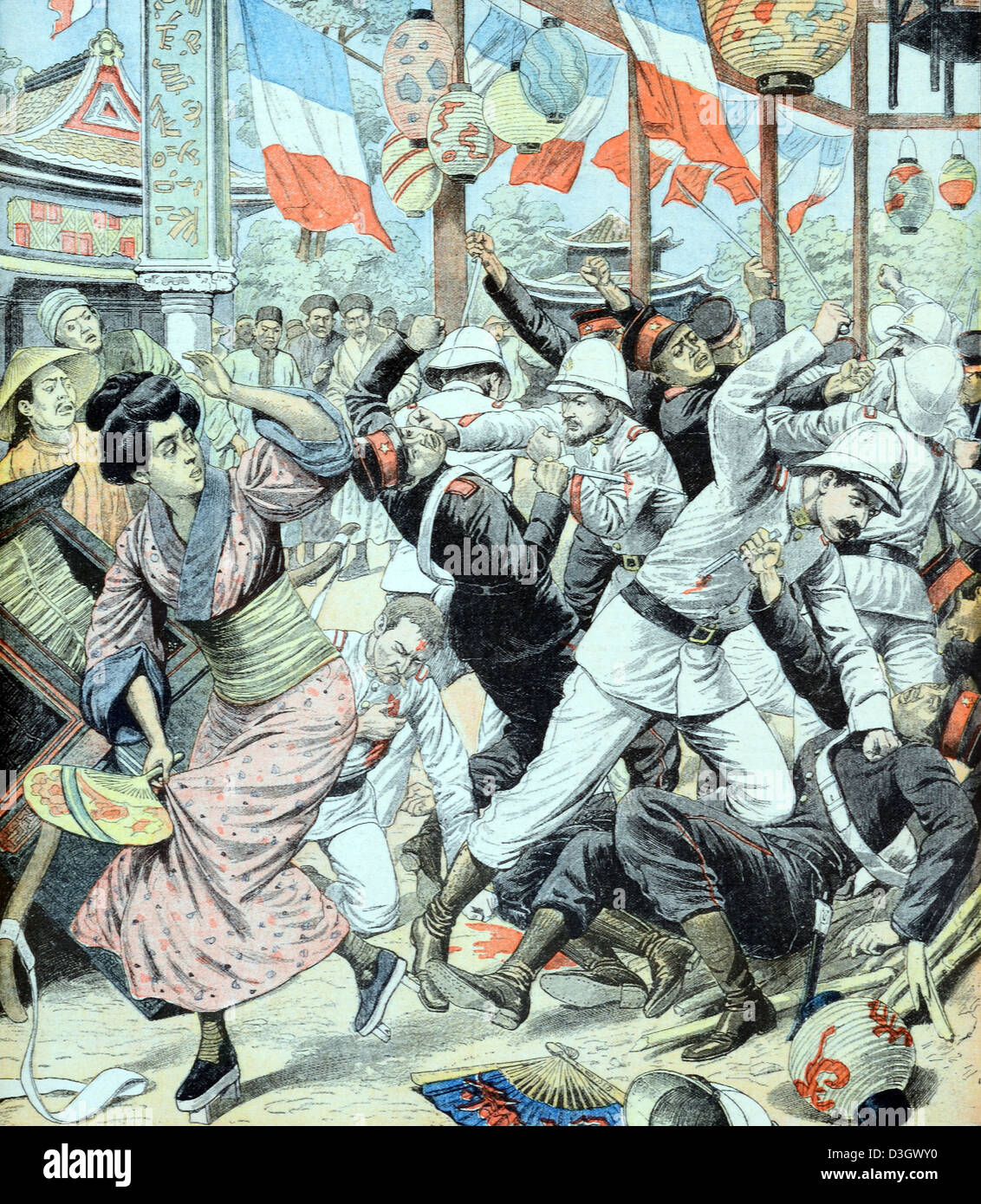Konfrontation zwischen französischen und japanischen Truppen oder Soldaten in China (Juli 1904) Vintage Illustration oder Gravur Stockfoto