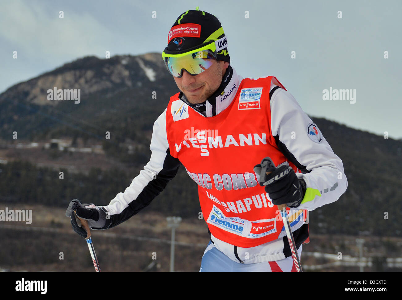 Jason Lamy Chappuis von Frankreich in Aktion während der nordischen Kombination Trainingseinheit bei der nordischen Ski-WM in Val di Fiemme, Italien, 19. Februar 2013. Foto: Hendrik Schmidt/Dpa +++(c) Dpa - Bildfunk +++ Stockfoto