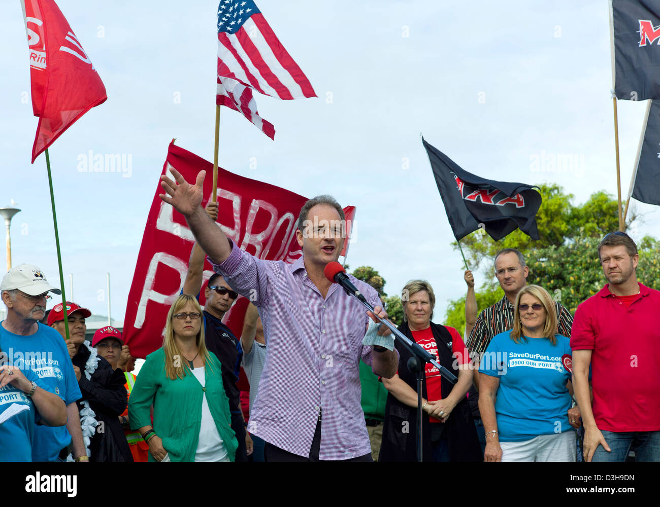 10.03.12 Auckland NZ. New Zealand Labour Party Leader, David Shearer MP Adressierung Demonstranten auf den Hafen von Auckland-Streit Stockfoto