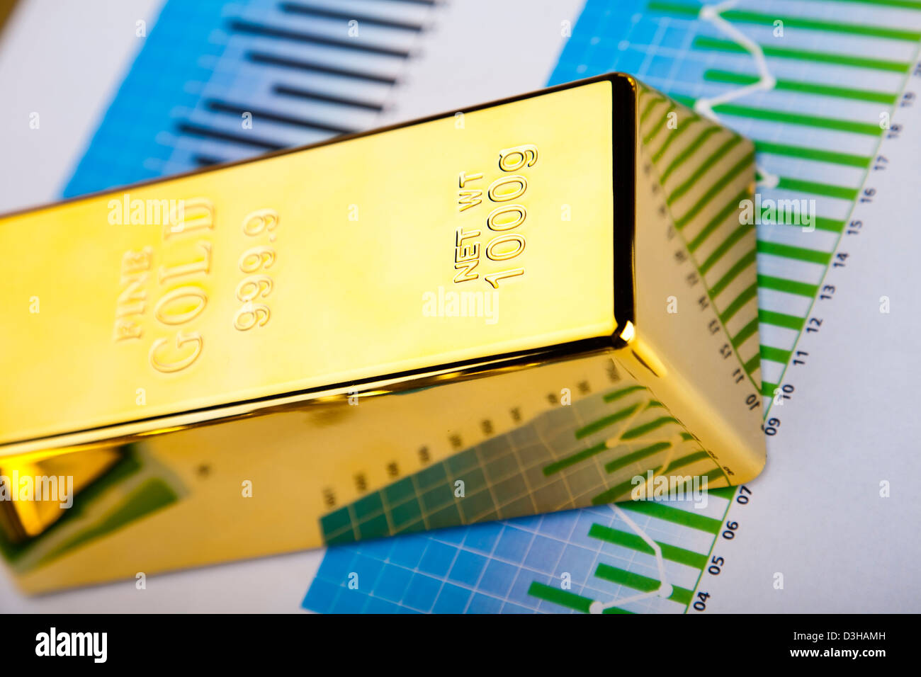 Finanzkennzahlen, Chart und Gold bar Stockfoto