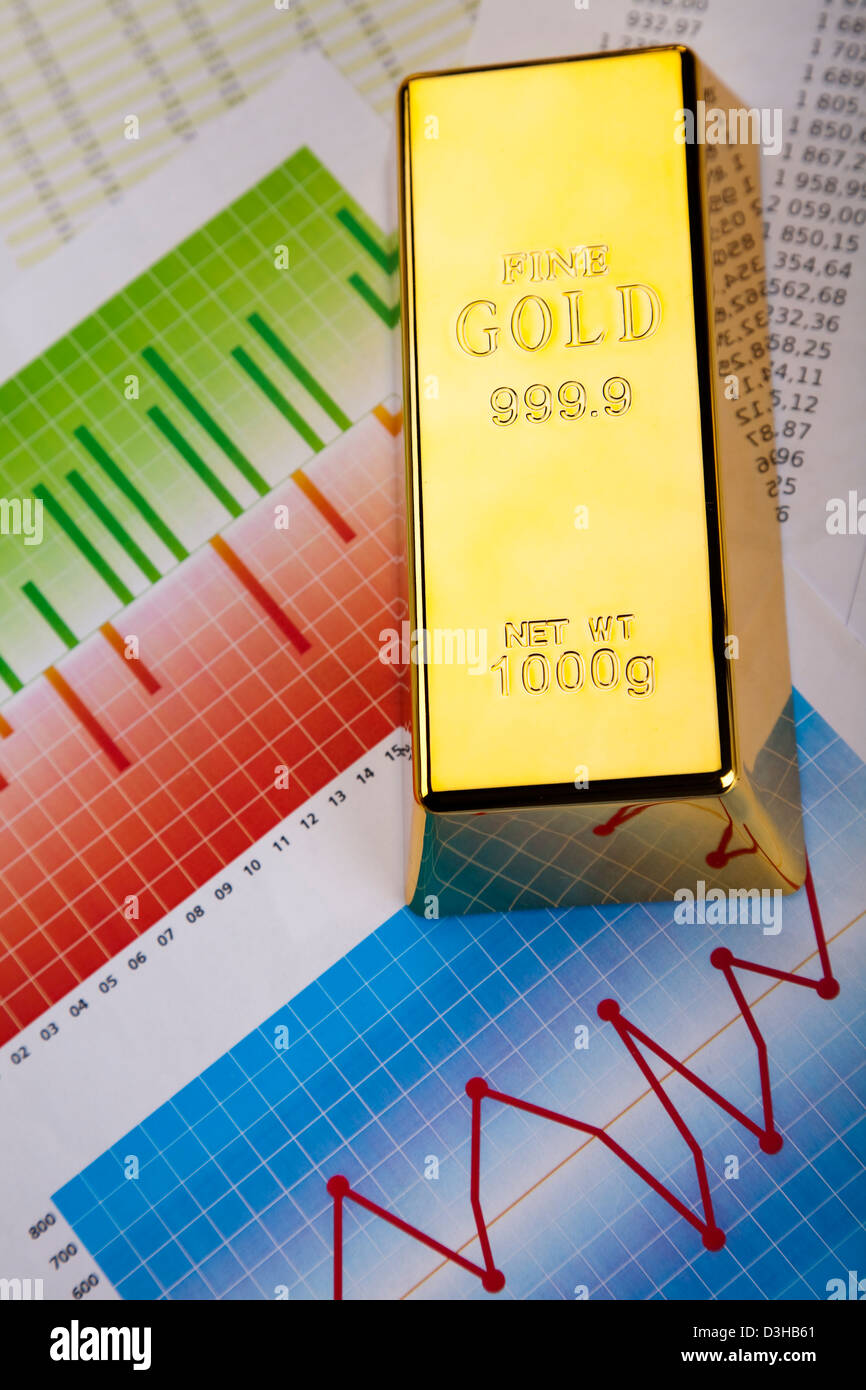 Finanzkennzahlen, Chart und Gold bar Stockfoto