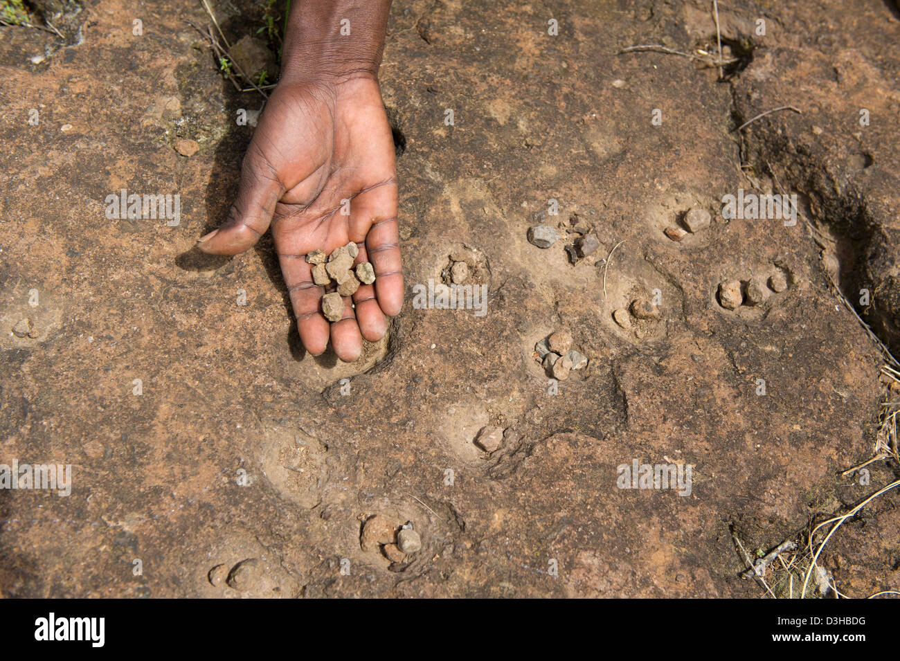Steinplatte mit Bao Spiel, neolithischen Ausgrabungsstätte von 1500 v. Chr. Hyrax Hill prähistorische Stätte, Nakuru, Kenia Stockfoto