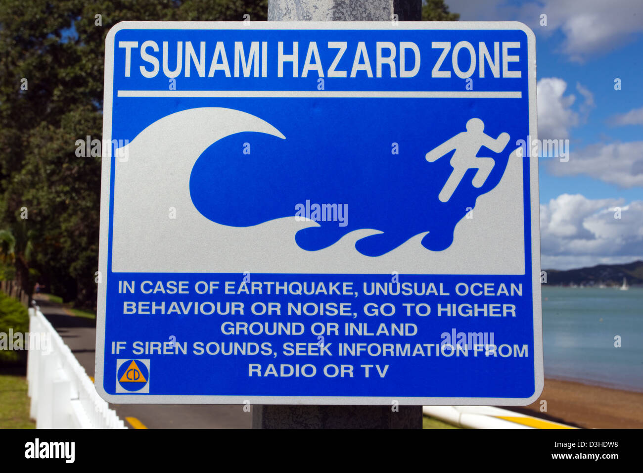 Tsunami-Gefahrenzone Zeichen, Bay of Islands, New Zealand, Freitag, 8. Februar 2013. Stockfoto