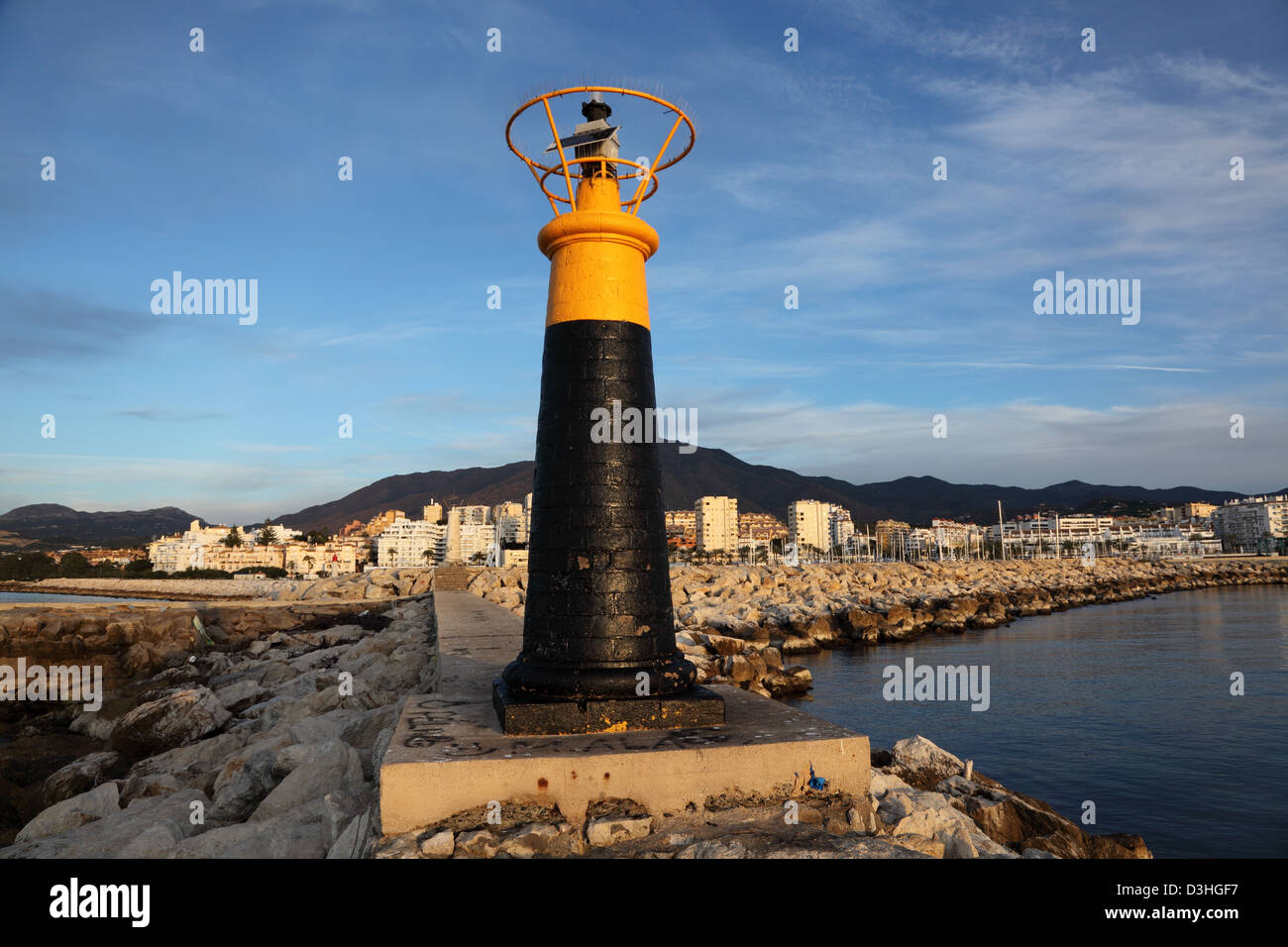 Lighthose am Hafen von Estepona, Costa Del Sol, Andalusien, Spanien Stockfoto
