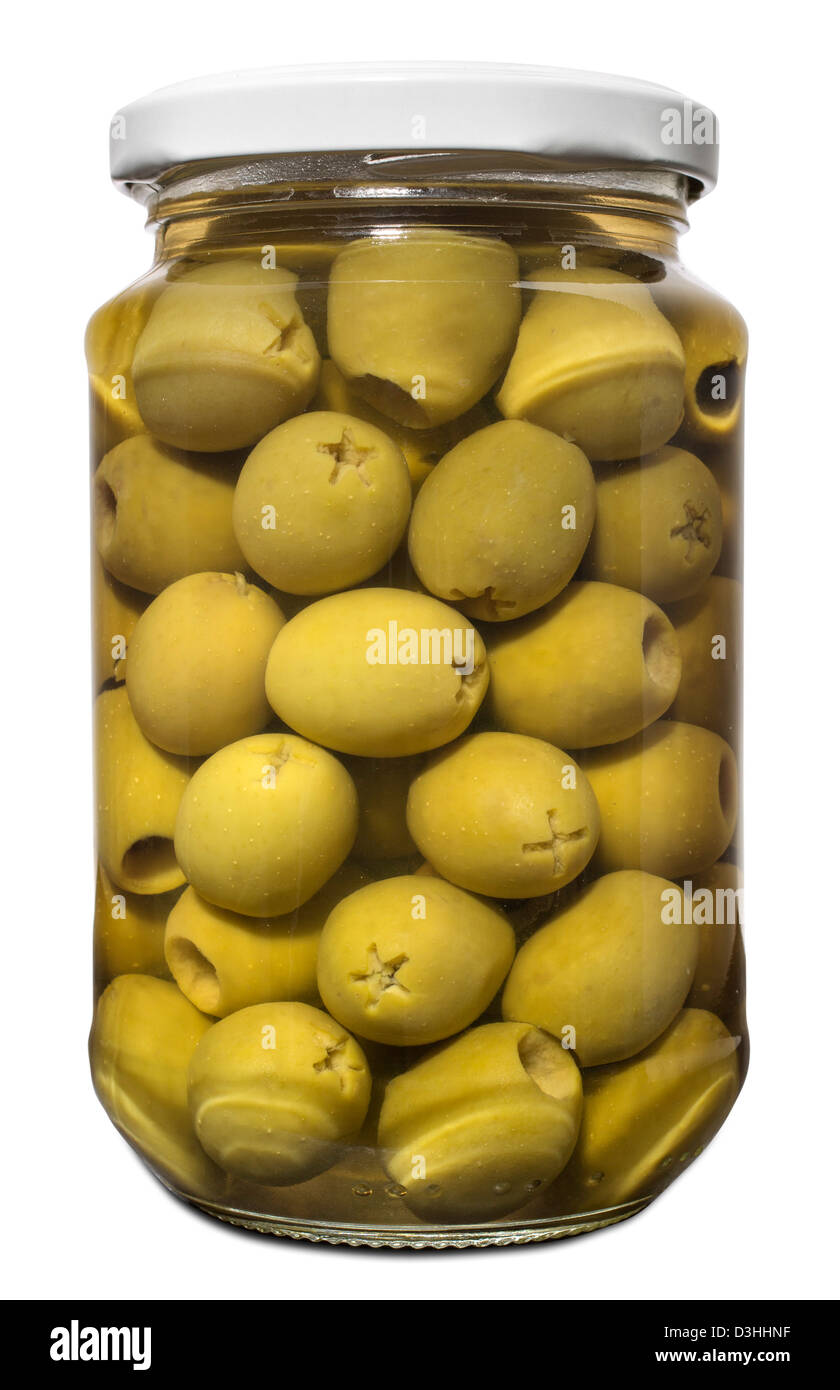 Eingelegte grüne Oliven entsteint Aceitunas sin hueso Stockfoto