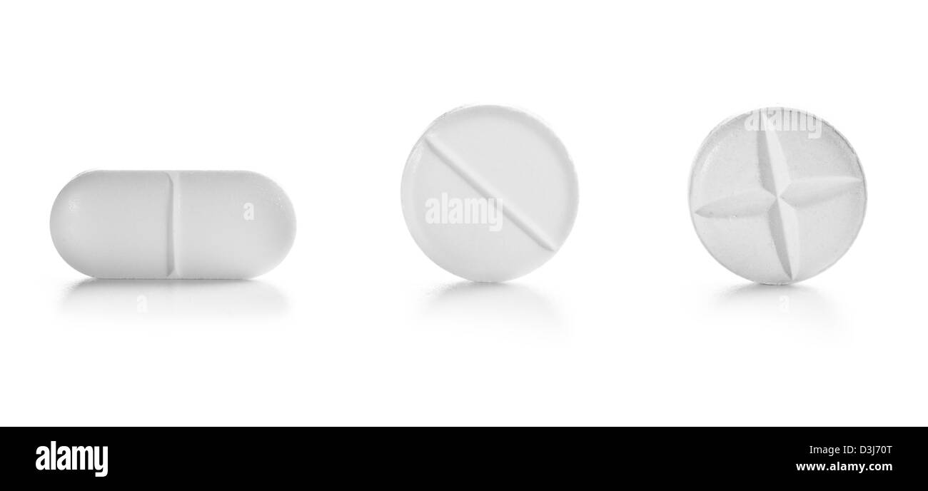 die verschiedenen Pillen auf weißem Hintergrund Stockfoto