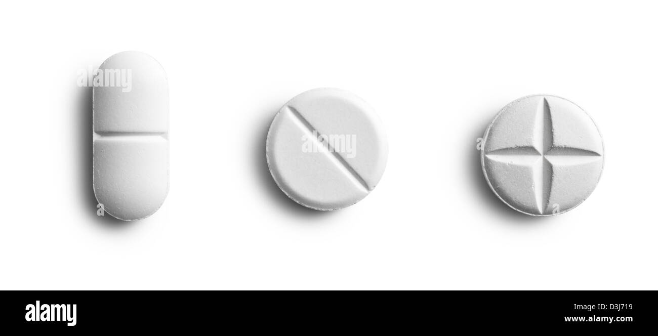 die verschiedenen Pillen auf weißem Hintergrund Stockfoto