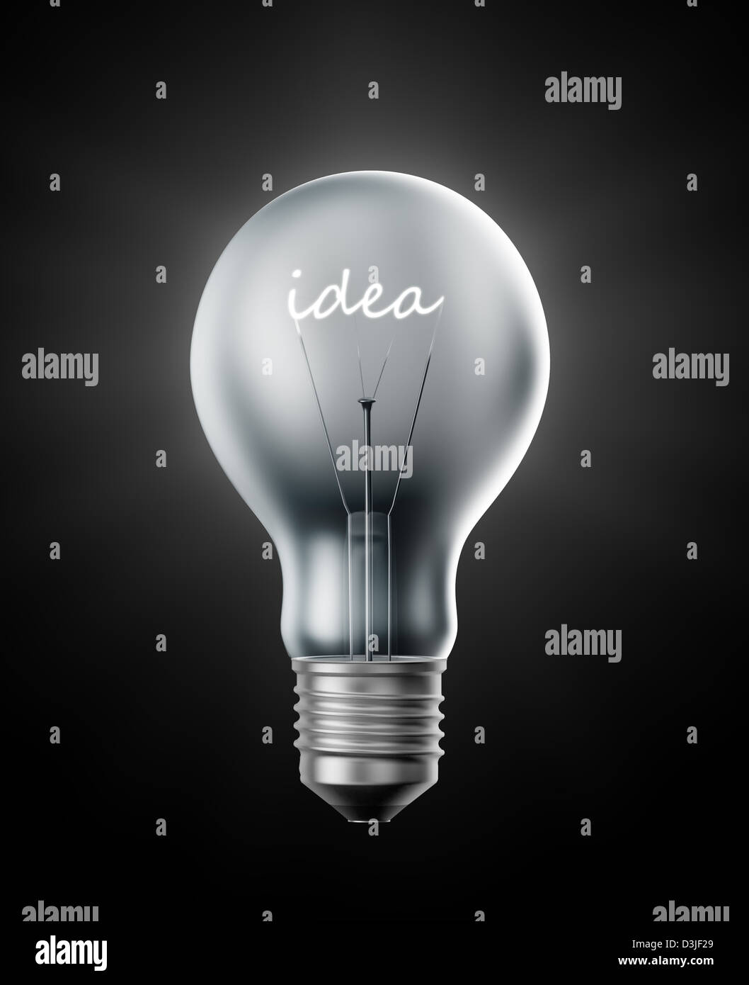 Kreativität und Erfindung Konzept - Birne mit einem Faden geformt wie das Wort Idee. Stockfoto