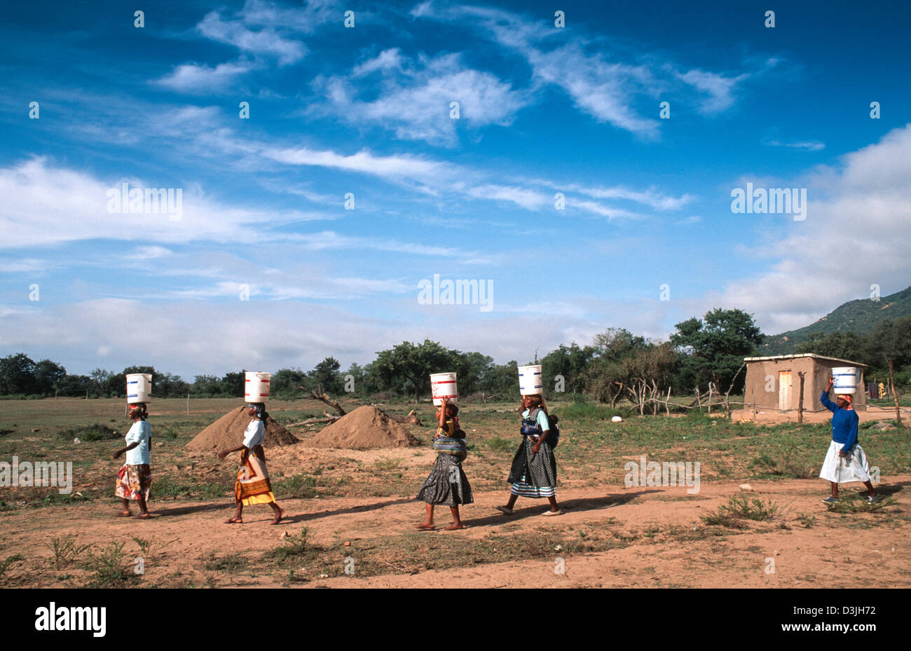 Frauen tragen Wasser in Dosen auf dem Kopf zu einer Baustelle, an der eine neue Schule gebaut wird. Siphofaneni, Region Lubombo, Eswatini (Swasiland) Stockfoto