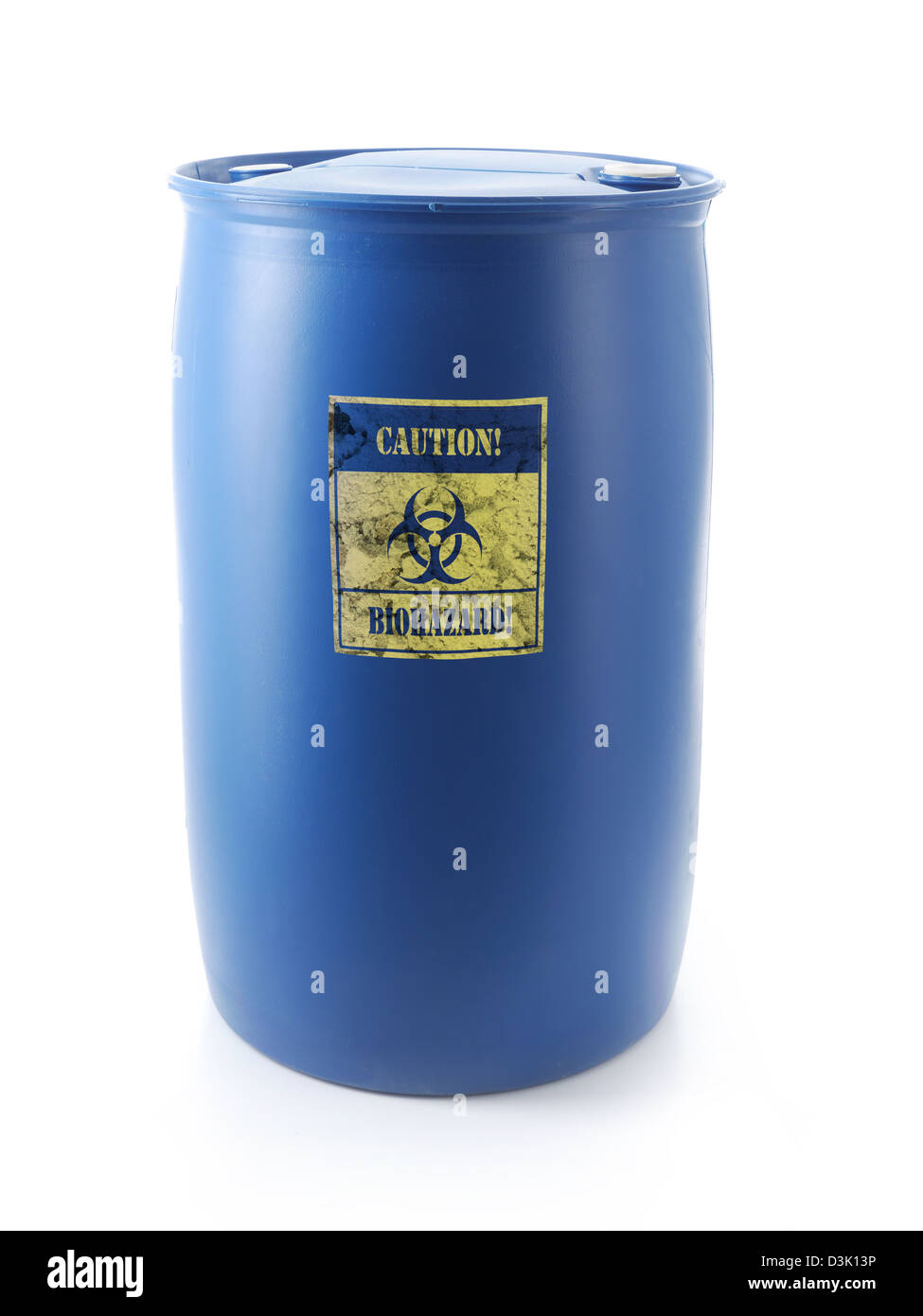 Gespeichert in blauen Container mit Biohazard Warnhinweis auf weißen erschossen biologische Gefahrstoffe Stockfoto