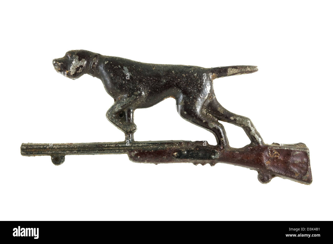 Jagd-Tags mit einem Hund und Gewehr auf einem weißen Hintergrund Stockfoto
