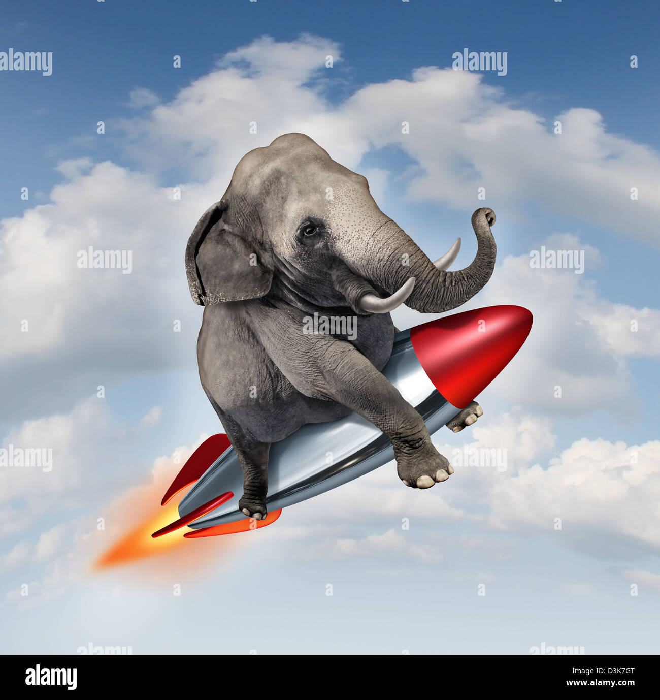 Mut und Entschlossenheit als Potenzial und Möglichkeiten Konzept mit einem realistischen Elefanten fliegen in der Luft mit einer Rakete als Geschäft Symbol für Erfolg und glauben an Ihre Fähigkeiten in nach oben Wachstum erfolgreich zu sein. Stockfoto
