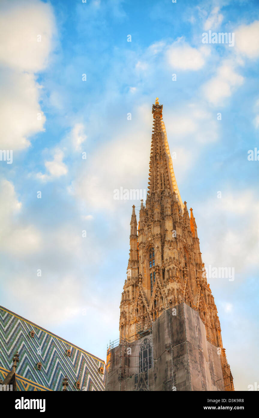 Turm der St. Stephen Cathedral in Wien bei Sonnenaufgang Stockfoto