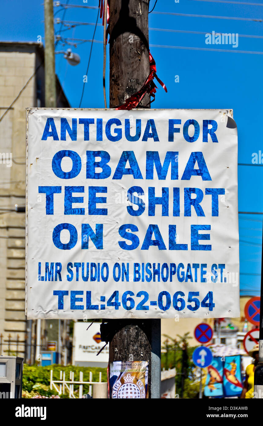 Antigua für Obama Shirts auf Verkaufsposter unterzeichnen in der Karibik. Stockfoto