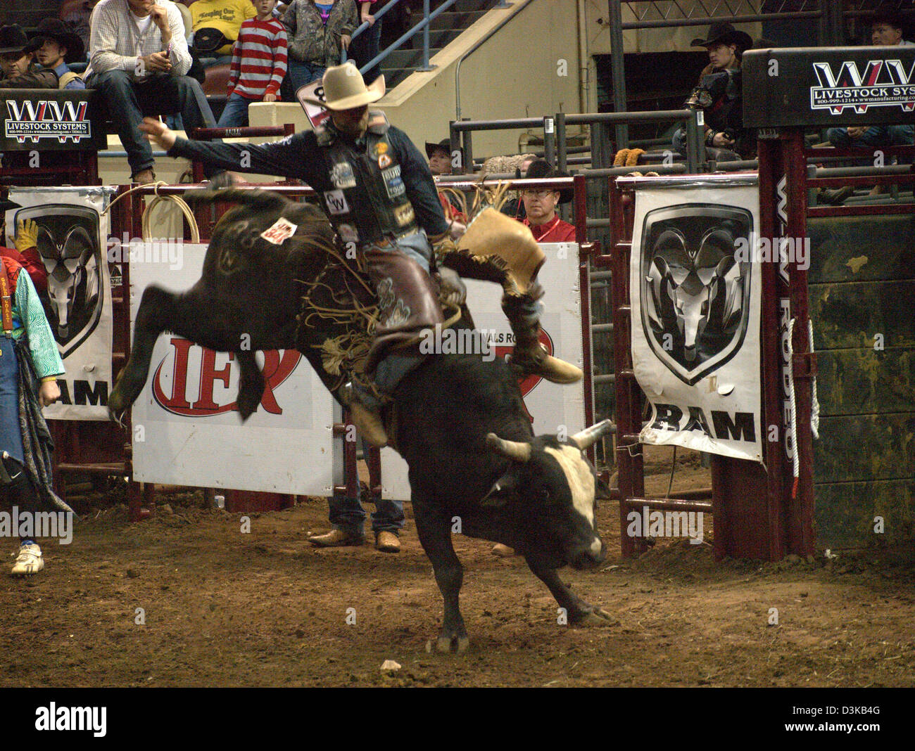Cowboy Reiten bucking Bull während das National Finals Rodeo in Oklahoma City, Oklahoma, USA Stockfoto