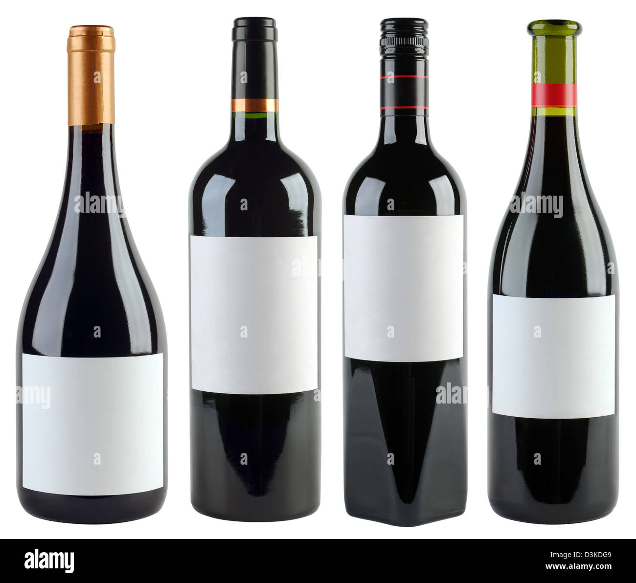 Vier unbeschriftete Weinflaschen mit Schneidepfad isoliert Stockfoto