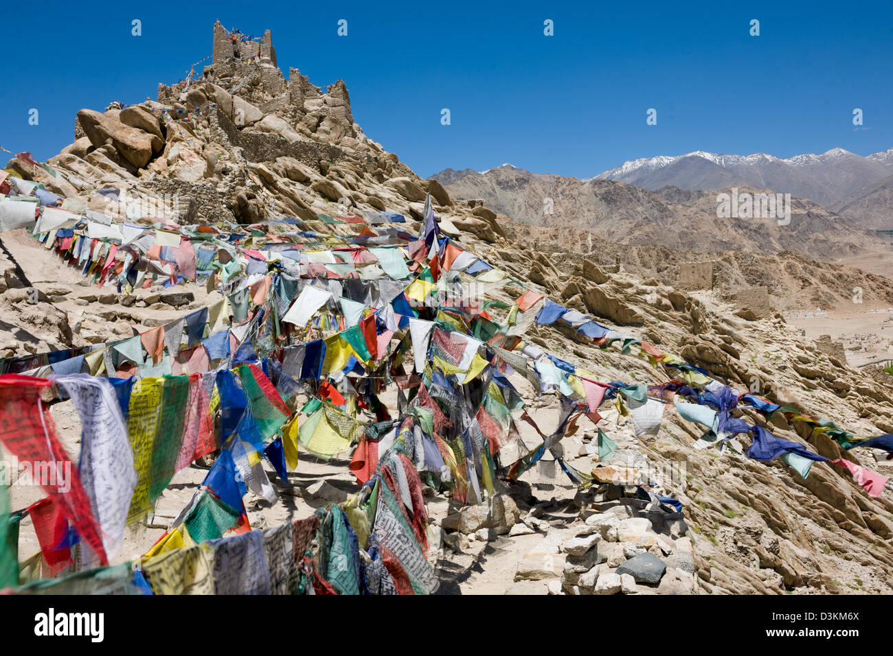 Ruinen und Gebetsfahnen über Shey Gompa (Ladakh) Jammu & Kaschmir, Indien Stockfoto