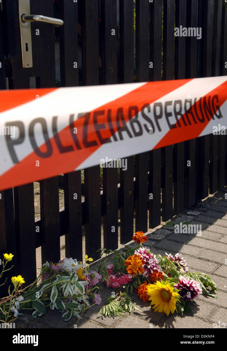 (Dpa) - liegen Blumen vor dem Tor zu den Räumlichkeiten, wo die Leichen von neun Neugeborenen jahrelang in Blumentöpfe und Blumenkästen in Brieskow-Finkenheerd südlich von Frankfurt Oder, Deutschland, Dienstag, 2. August 2005 versteckt worden waren. Eine 39-jährige Frau soll die Leichen von ihren Babys auf dem Gelände begraben haben, nachdem sie direkt nach der Geburt zu töten. Hatten die Babys bleibt Stockfoto