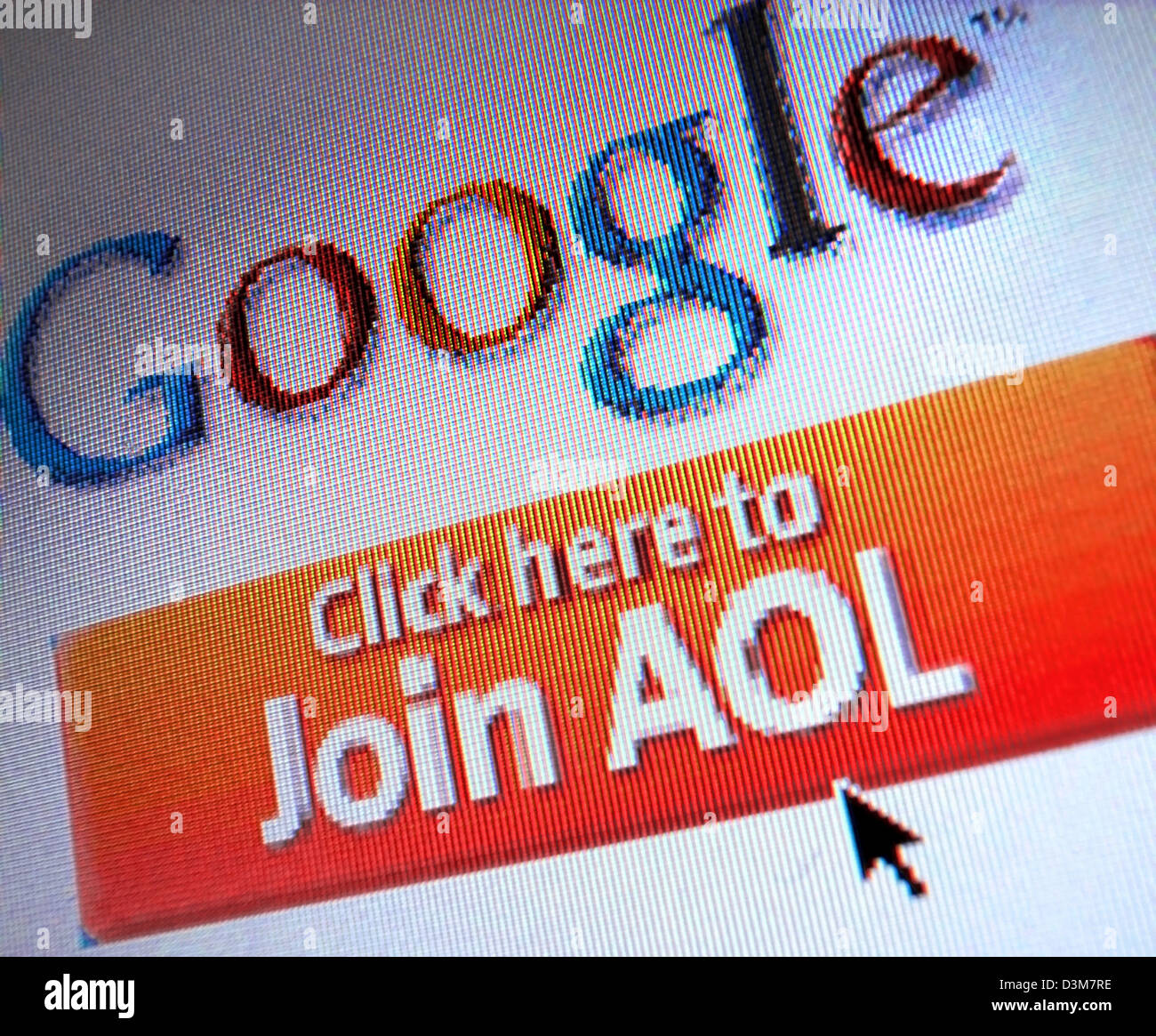 (Dpa) - das Logo der Internet-Suchmaschine Google kann über einen Block mit der Aufschrift "Click here to Join AOL" (Illustration aus 18. Dezember 2005) gesehen werden. Google will einen fünf-Prozent-Anteil von America Online (AOL) für 1 Milliarde Dollar (833 Millionen Euro) kaufen und erweitern so ihre Werbung Zusammenarbeit mit AOL. Dies basiert auf US-Medienberichten vom Samstag, 17d Stockfoto