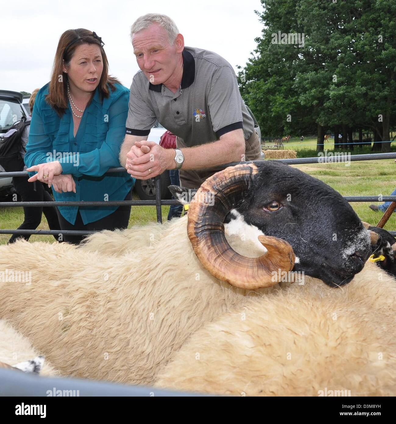 Sinn Féin Minister Michelle Gildernew spricht mit einem Schafzüchter Stockfoto