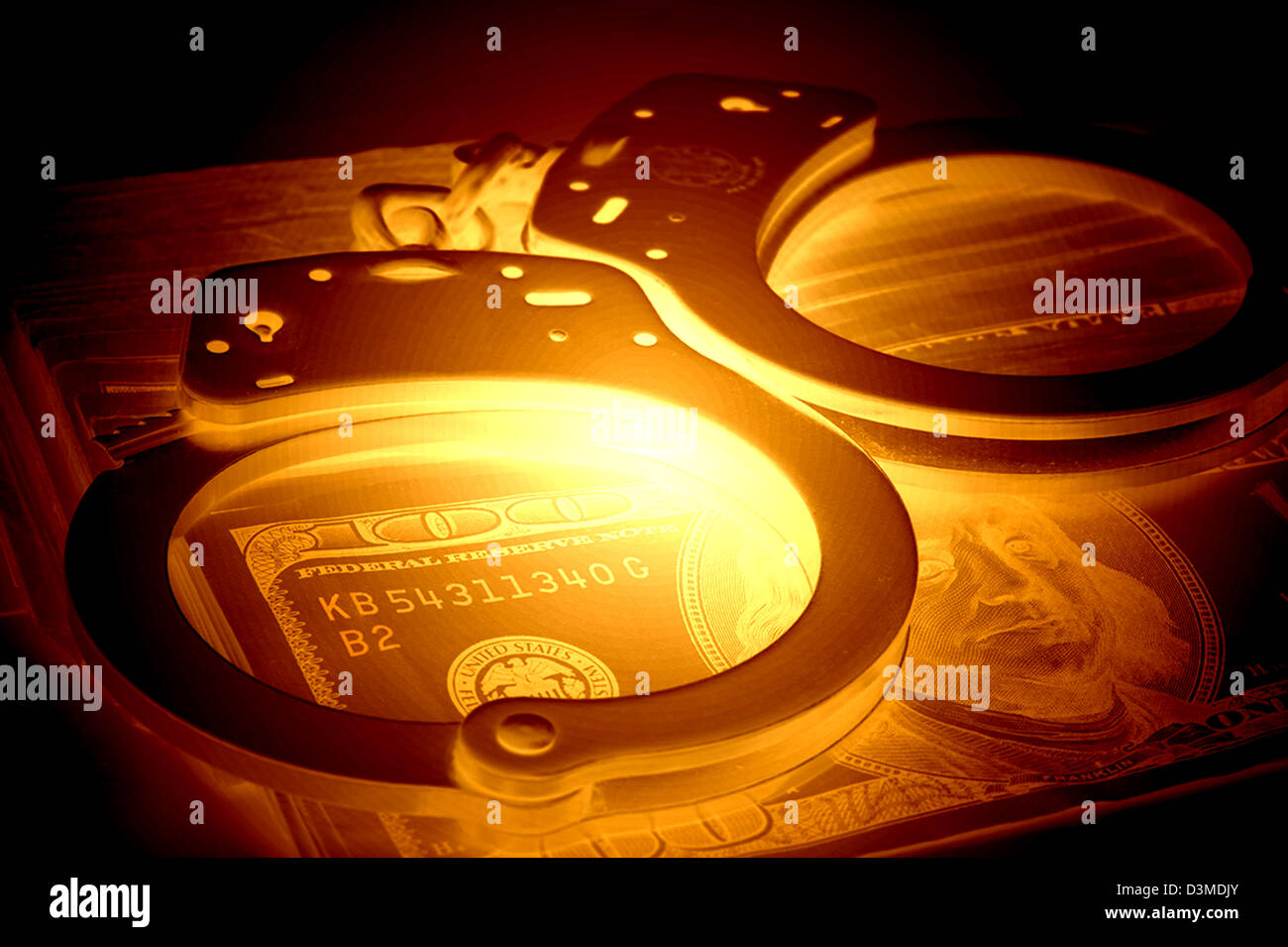 abstraktes Bild Handschellen $100 Rechnungen Stockfoto