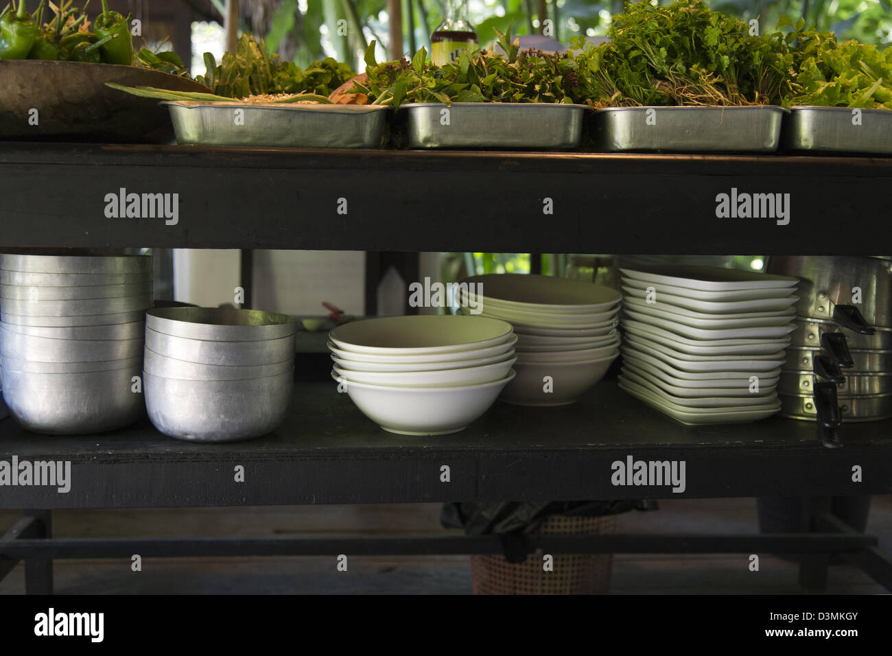 Schalen, Teller und Töpfe und Platten mit Zutaten in eine Outdoor-Küche in der Nähe von Luang Phrabang Stockfoto