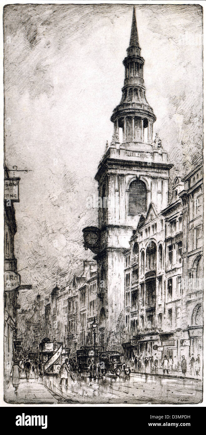 Einem alten Druck von Bow Church, London mit hoher Auflösung gescannt. Vermutlich aus den 1920er Jahren. Stockfoto
