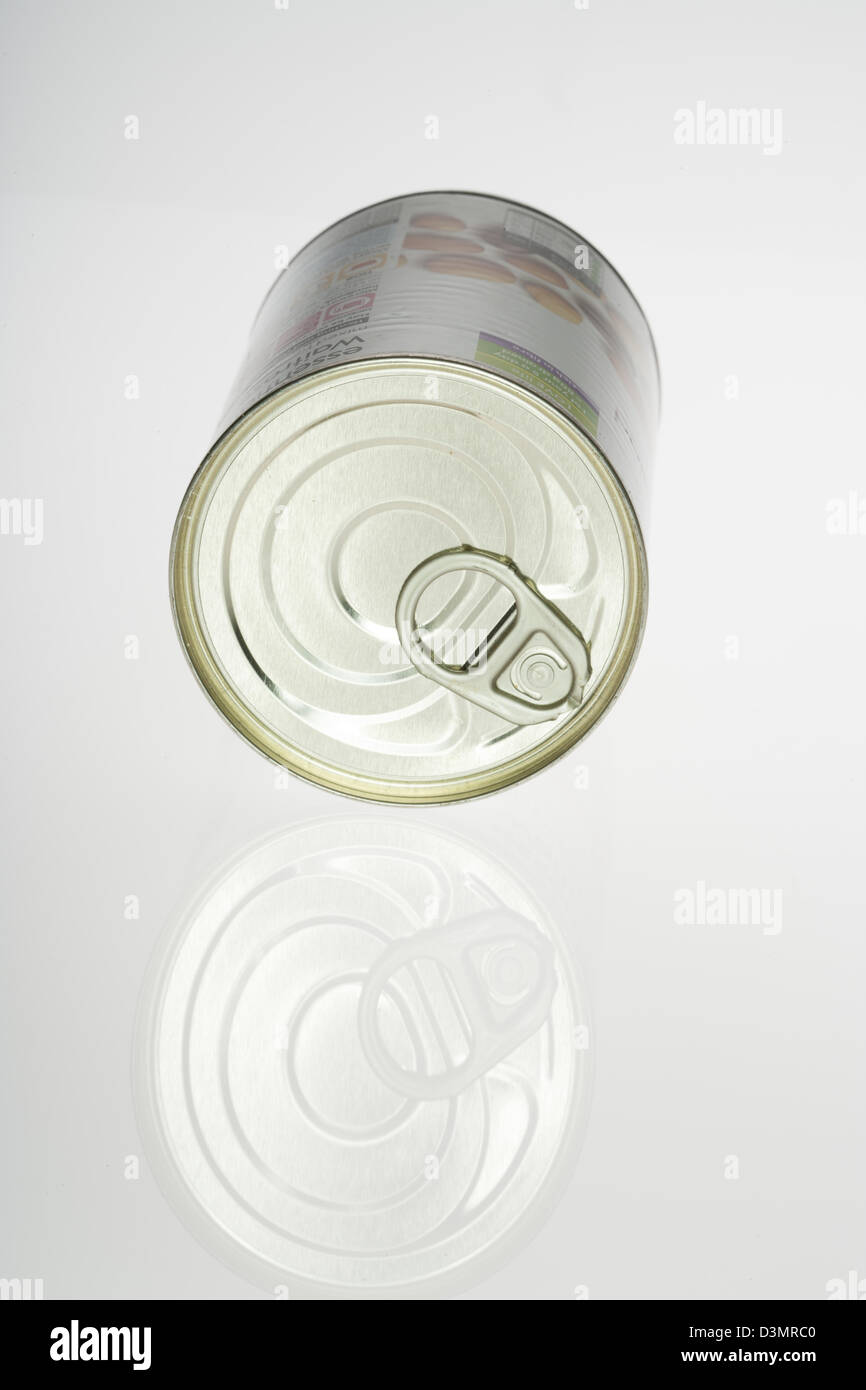 Dose, Zinn, Lebensmittel, Metall, isoliert, Container, Blank, Lebensmittel, Zylinder, Rätsel, glatt, weiß, luftdicht, überraschen, Weiße zurück Stockfoto