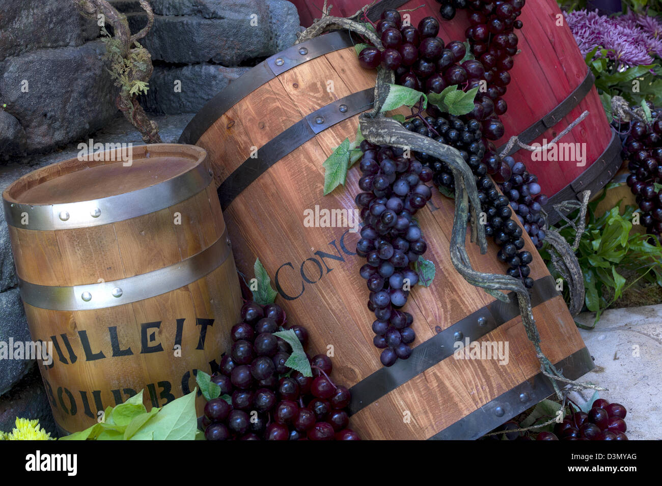 Weinfass und Trauben Display. Stockfoto