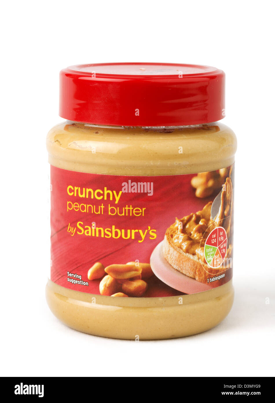 Glas von Sainsbury's Crunchy Erdnussbutter, UK Stockfoto