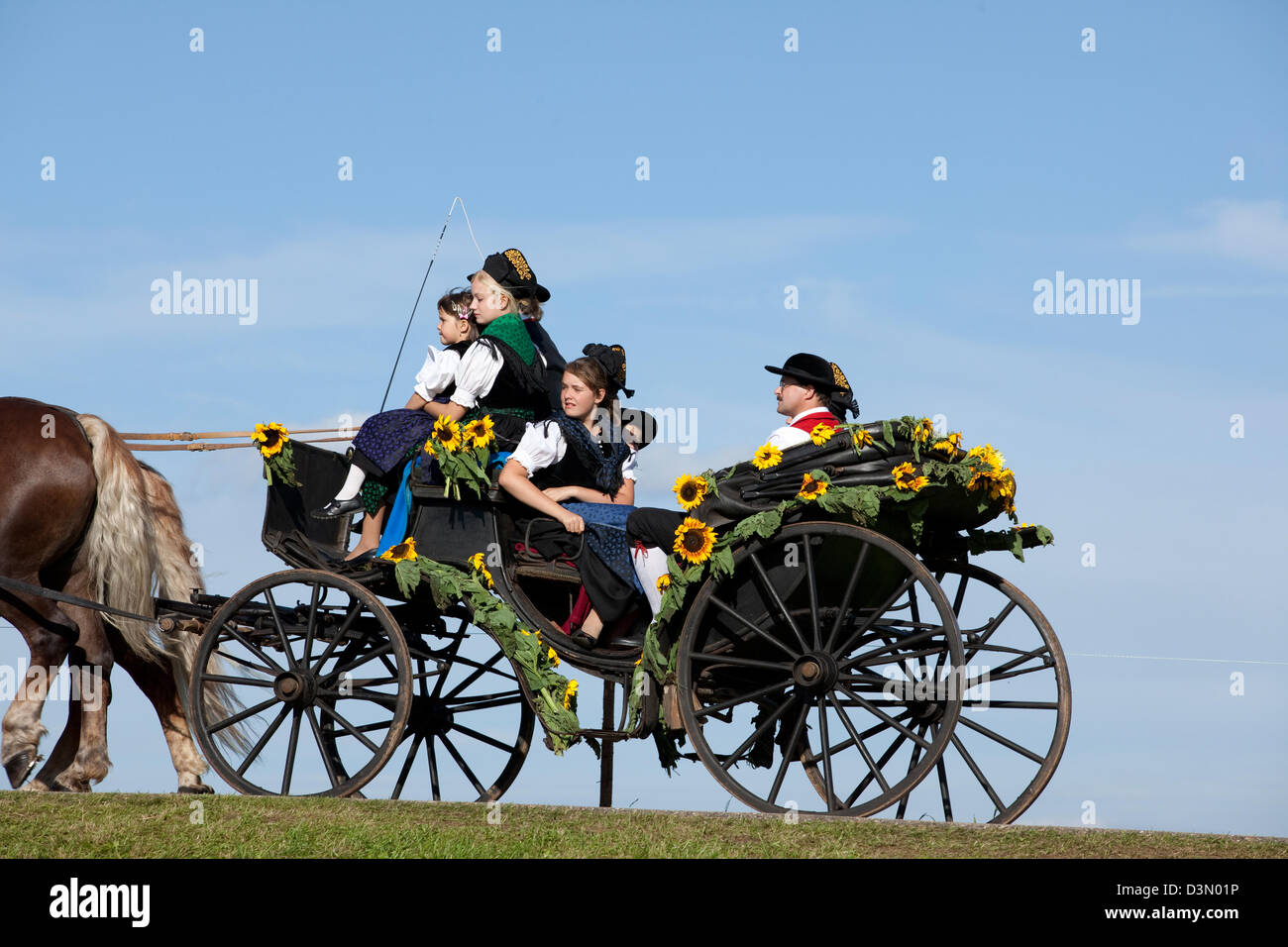 Sankt Margen, Deutschland, ein Pferd mit Festival-Besucher in Tracht Stockfoto