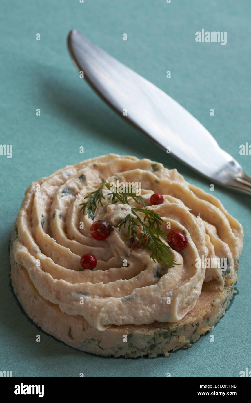 Pochierter Lachs Vorspeise auf grünem Hintergrund isoliert Lochmuir garniert Stockfoto