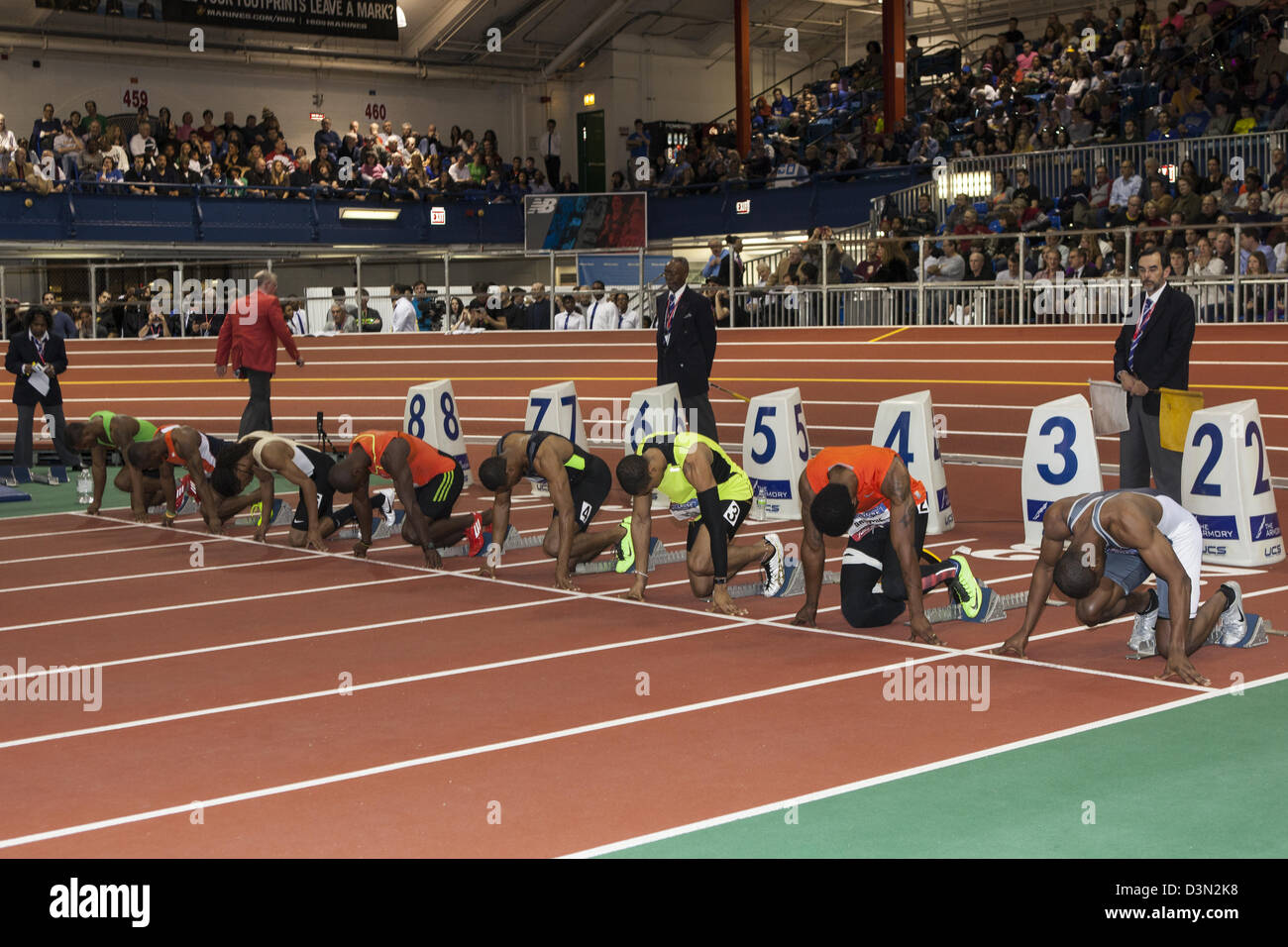 Beginn der NYH & RC Herren 60m bei den 2013 Millrose Games. Stockfoto