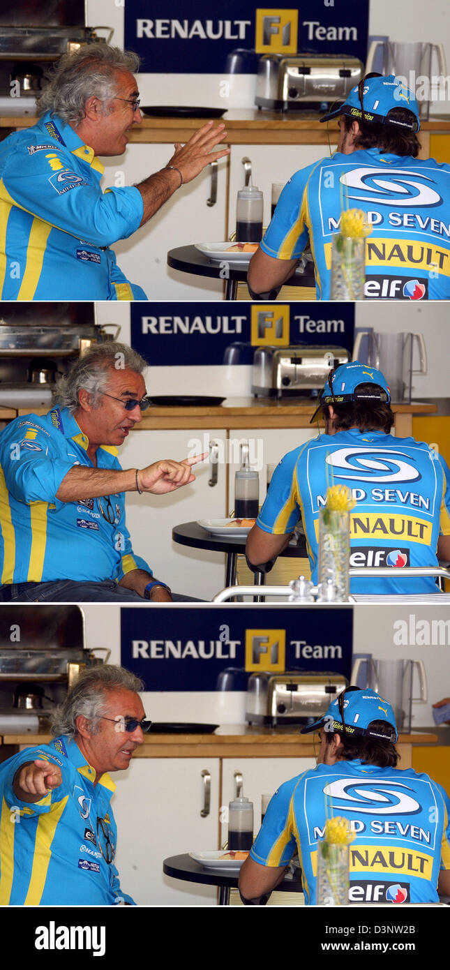 Das zusammengesetzte Bild zeigt italienische Flavio Briatore, Teamchef des Renault F1 Teams und spanische Formel1-Fahrer Fernando Alonso Chat im Teambereich vor Beginn des United States Grand Prix beim Indianapolis Speed Autobahn Rennen in Indianapolis, USA, Sonntag, 2. Juli 2006. Foto: Jens Büttner Stockfoto