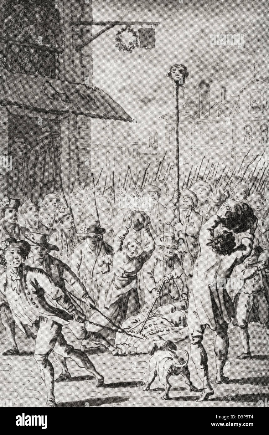 Der Kopf von Joseph-François Foullon de Doué auf einen Spieß stecken und marschierten durch die Straßen von Paris nach enthauptet wird. Stockfoto