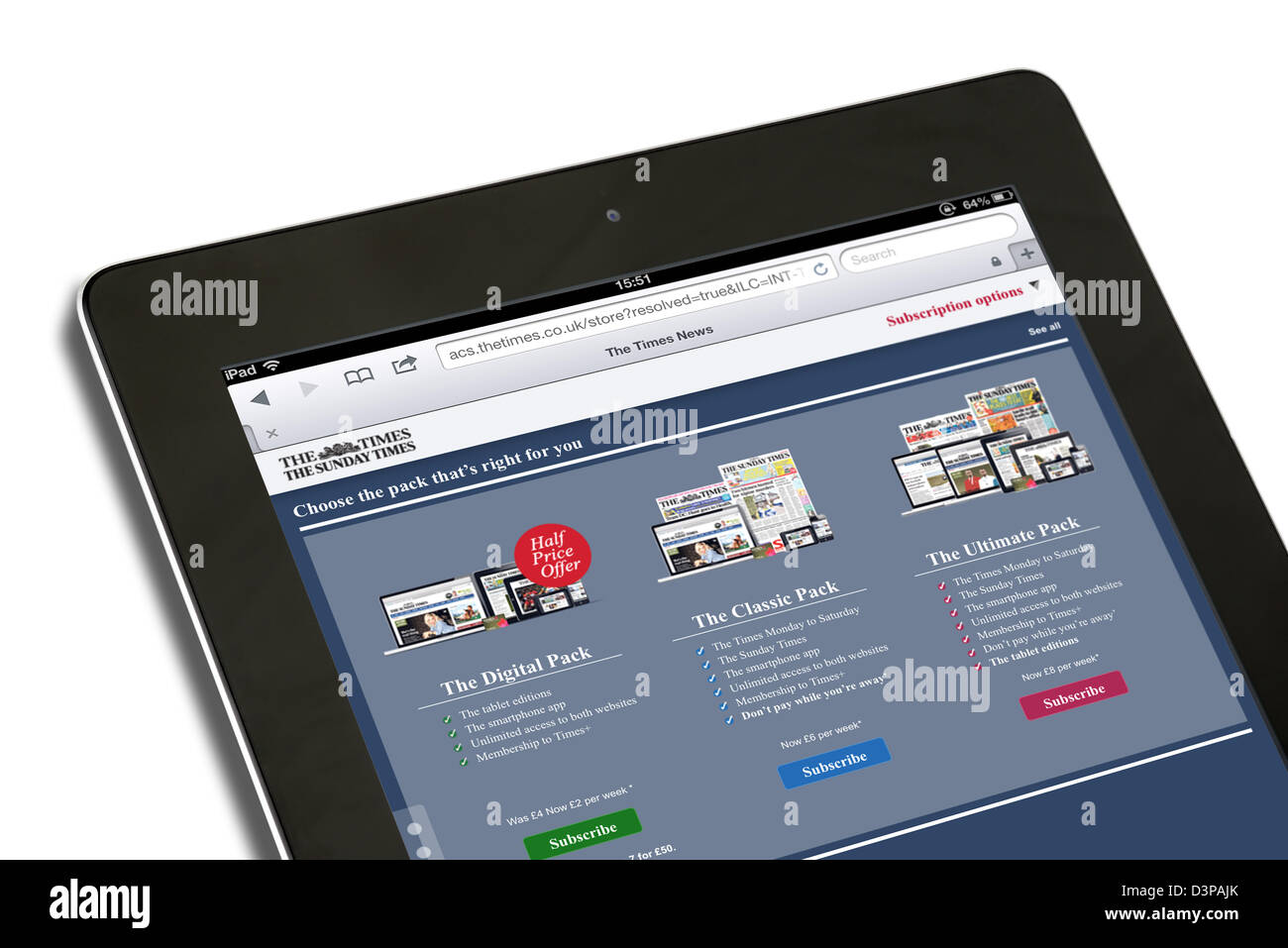 Blick auf Abonnementoptionen für the Times Zeitung auf eine 4. Generation iPad, UK Stockfoto