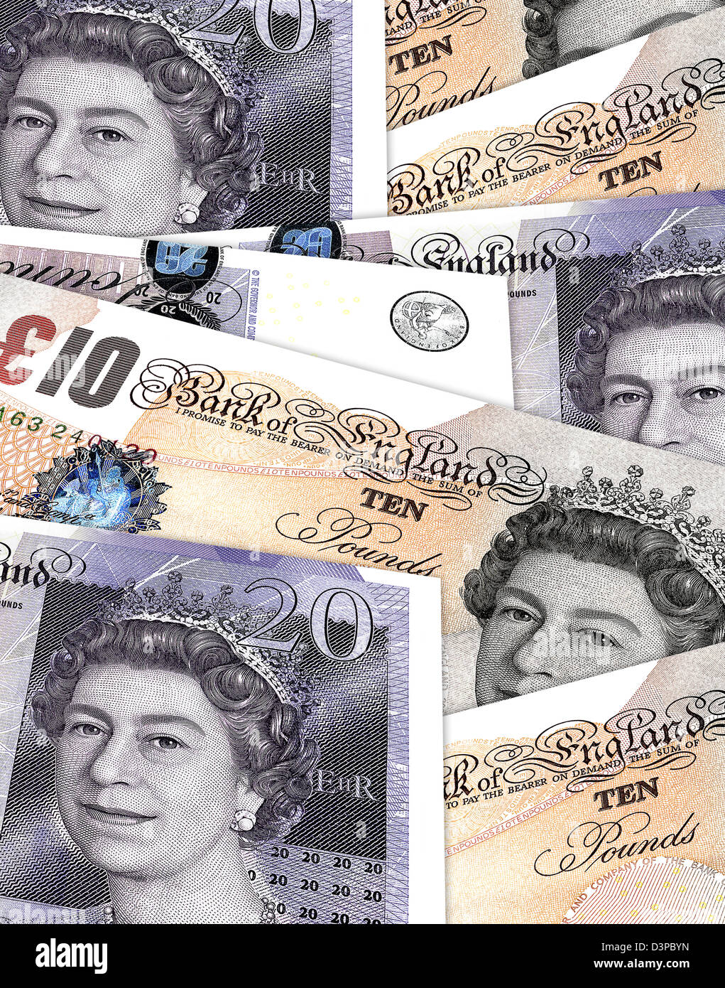 Zehn und zwanzig Pfund Noten Overlaping einander. 10 £ & £20 Währung Pfund Sterling, UK Geld. Stockfoto