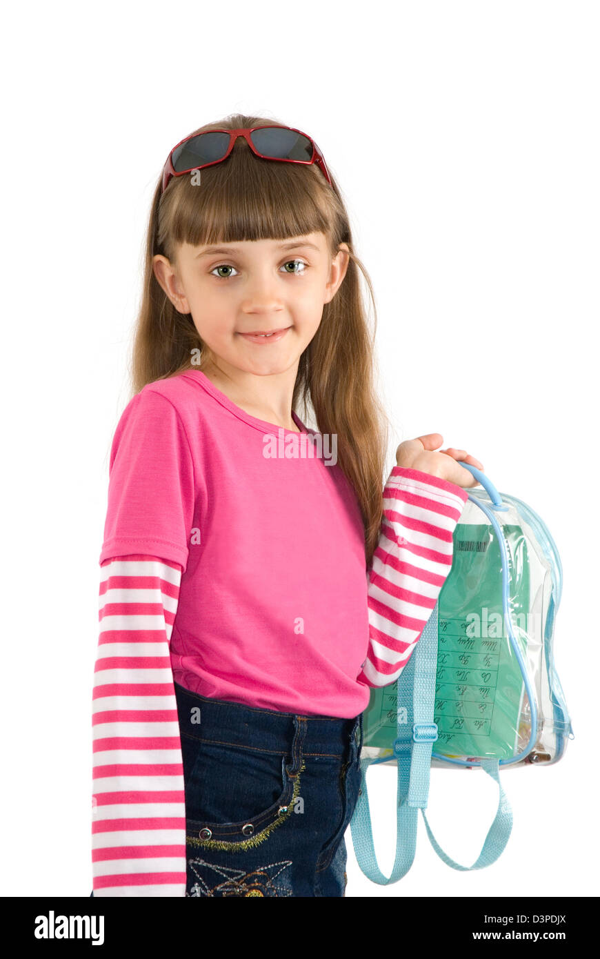 Das kleine Mädchen in eine rosa Bluse mit einem Rucksack Stockfoto