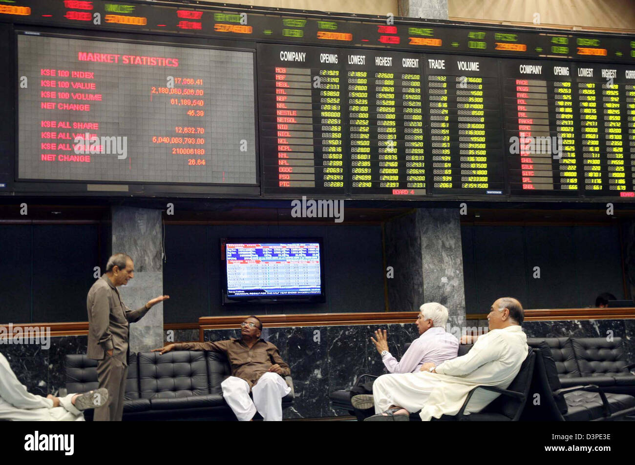 Pakistan. 22. Februar 2013. Börsenmakler sitzen in der Nähe ein Index-Board zeigt einen starken Anstieg der Aktien während trading-Session an der Karachi Stock Exchange auf Freitag, 22. Februar 2013. Heute bei der Gründung des Handels KSE schlagen die psychologische Ebene von 18.000 Punkte der Benchmark-Index in ein schmales Band ganztägig gehandelt und als Investoren bevorzugte Buchung Gewinne in den negativen Bereich geschlossen.  Der Wert der Aktien gehandelt werden während des Tages war Rs8.60 Milliarden. Bildnachweis: Asianet-Pakistan / Alamy Live News Stockfoto